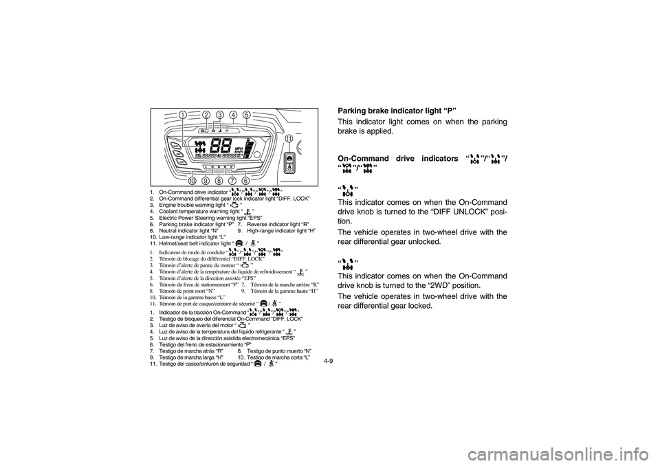 YAMAHA RHINO 700 2010 Manual PDF 4-9
1. On-Command drive indicator “”/“”/“”/“”
2. On-Command differential gear lock indicator light “DIFF. LOCK”
3. Engine trouble warning light “”
4. Coolant temperature warnin