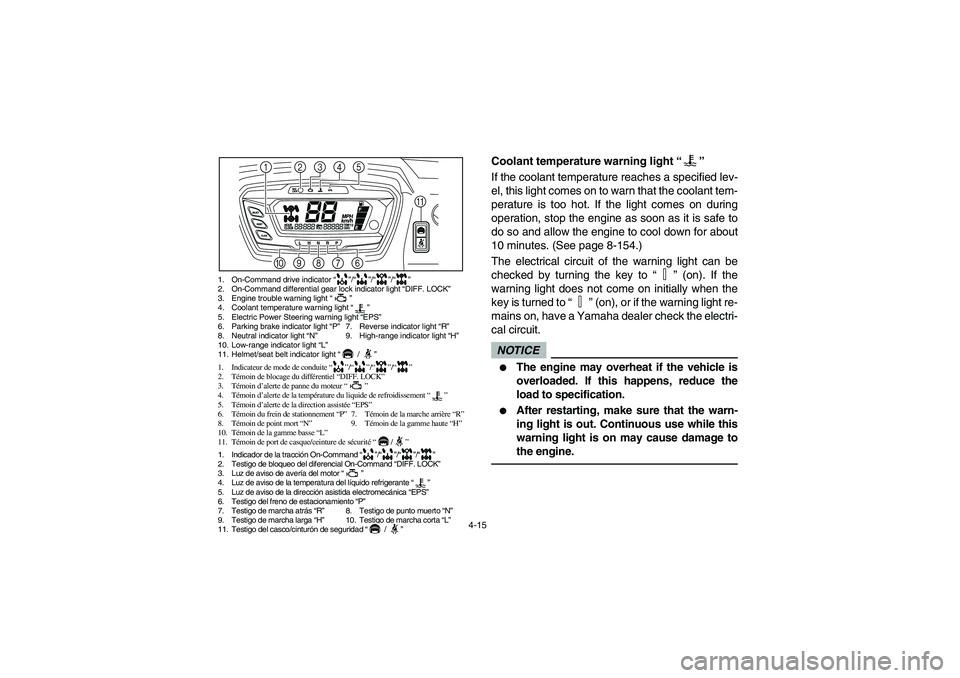 YAMAHA RHINO 700 2010  Notices Demploi (in French) 4-15
1. On-Command drive indicator “”/“”/“”/“”
2. On-Command differential gear lock indicator light “DIFF. LOCK”
3. Engine trouble warning light “”
4. Coolant temperature warni