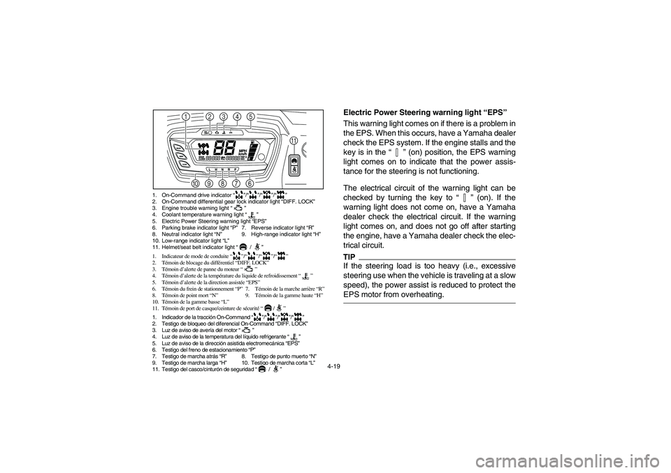 YAMAHA RHINO 700 2010  Notices Demploi (in French) 4-19
1. On-Command drive indicator “”/“”/“”/“”
2. On-Command differential gear lock indicator light “DIFF. LOCK”
3. Engine trouble warning light “”
4. Coolant temperature warni