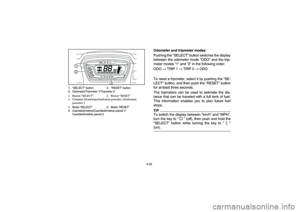 YAMAHA RHINO 700 2010  Notices Demploi (in French) 4-25 1.“SELECT” button 2.“RESET” button
3. Odometer/Tripmeter 1/Tripmeter 2
1. Bouton “SELECT”2. Bouton “RESET”
3. Compteur kilométrique/totalisateur journalier 1/totalisateur 
journa