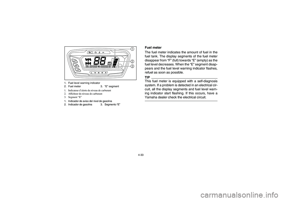YAMAHA RHINO 700 2010  Notices Demploi (in French) 4-33 1. Fuel level warning indicator
2. Fuel meter 3.“E” segment
1. Indicateur d’alerte du niveau de carburant
2. Afficheur du niveau de carburant
3. Segment “E”
1. Indicador de aviso del ni