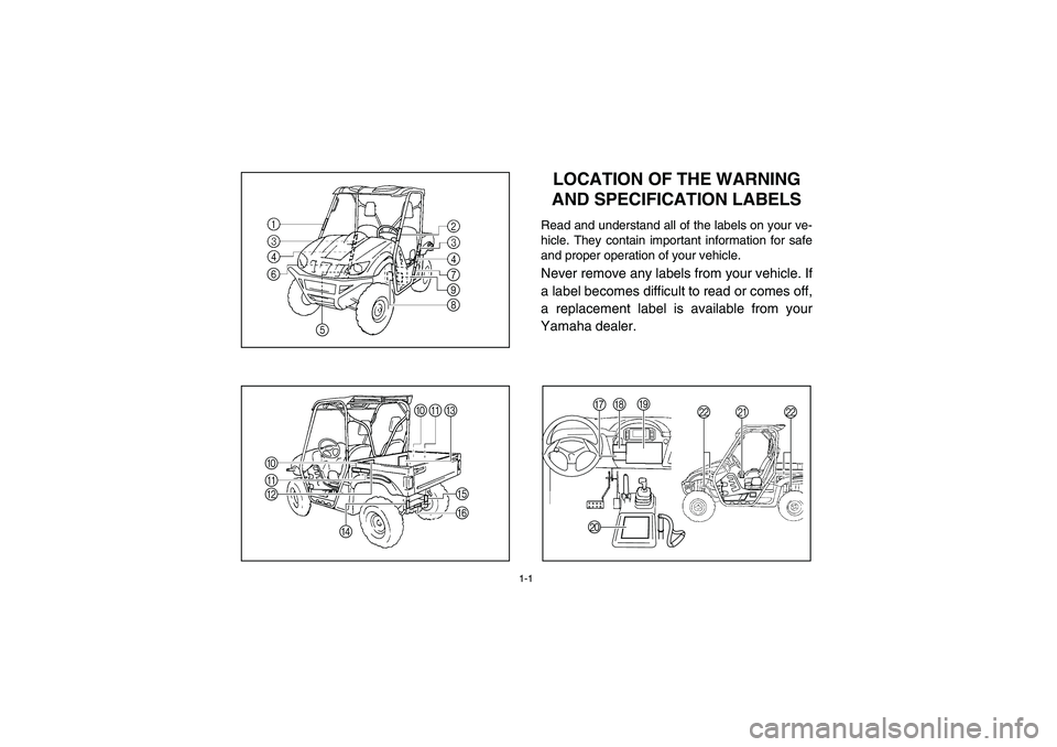 YAMAHA RHINO 700 2009 Notices Demploi (in French) 1-1
EVU00060
1 -LOCATION OF THE WARNING
AND SPECIFICATION LABELSRead and understand all of the labels on your ve-
hicle. They contain important information for safe
and proper operation of your vehic YAMAHA RHINO 700 2009 Notices Demploi (in French) 1-1
EVU00060
1 -LOCATION OF THE WARNING
AND SPECIFICATION LABELSRead and understand all of the labels on your ve-
hicle. They contain important information for safe
and proper operation of your vehic