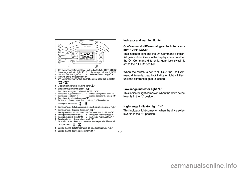 YAMAHA RHINO 700 2009  Owners Manual 4-3
1. On-Command differential gear lock indicator light “DIFF. LOCK”
2. Low-range indicator light “L”3. High-range indicator light “H”
4. Neutral indicator light “N”5. Reverse indicat