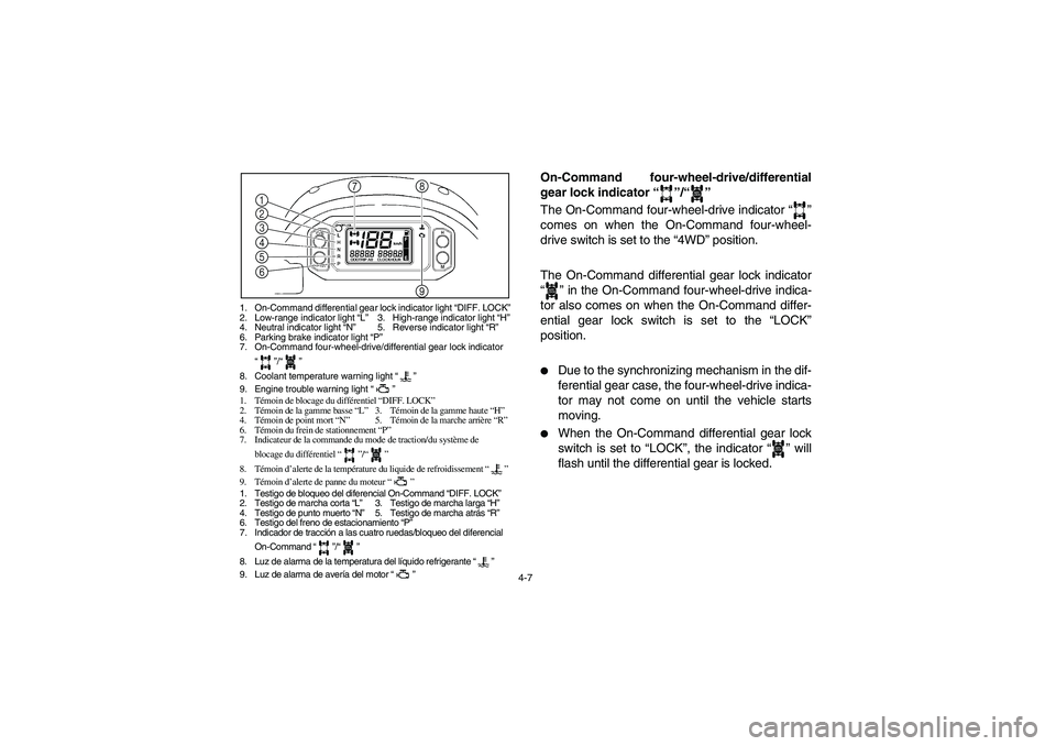 YAMAHA RHINO 700 2009  Owners Manual 4-7
1. On-Command differential gear lock indicator light “DIFF. LOCK”
2. Low-range indicator light “L”3. High-range indicator light “H”
4. Neutral indicator light “N”5. Reverse indicat