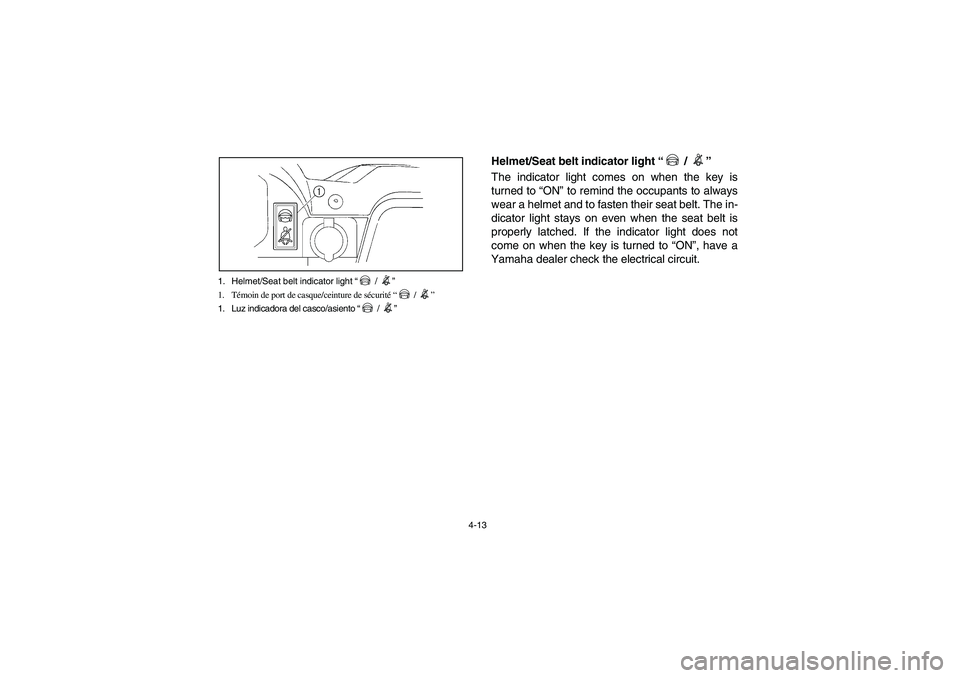YAMAHA RHINO 700 2009  Notices Demploi (in French) 4-13 1. Helmet/Seat belt indicator light “ / ”
1. Témoin de port de casque/ceinture de sécurité “ / ”
1. Luz indicadora del casco/asiento “ / ”
Helmet/Seat belt indicator light “ / 
