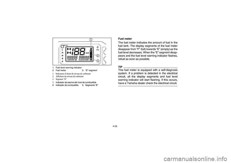 YAMAHA RHINO 700 2009 Notices Demploi (in French) 4-23 1. Fuel level warning indicator
2. Fuel meter 3.“E” segment
1. Indicateur d’alerte du niveau de carburant
2. Afficheur du niveau de carburant
3. Segment “E”
1. Indicador de alarma del n YAMAHA RHINO 700 2009 Notices Demploi (in French) 4-23 1. Fuel level warning indicator
2. Fuel meter 3.“E” segment
1. Indicateur d’alerte du niveau de carburant
2. Afficheur du niveau de carburant
3. Segment “E”
1. Indicador de alarma del n