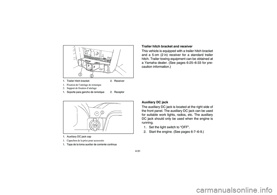 YAMAHA RHINO 700 2008 Owners Manual 4-51 1. Trailer hitch bracket 2. Receiver
1. Fixation de l’attelage de remorque
2. Support de fixation d’attelage
1. Soporte para gancho de remolque 2. Receptor
2 1
1. Auxiliary DC jack cap
1. Cap YAMAHA RHINO 700 2008 Owners Manual 4-51 1. Trailer hitch bracket 2. Receiver
1. Fixation de l’attelage de remorque
2. Support de fixation d’attelage
1. Soporte para gancho de remolque 2. Receptor
2 1
1. Auxiliary DC jack cap
1. Cap