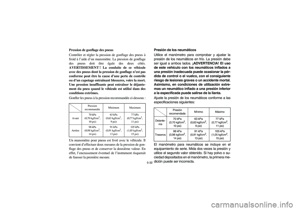YAMAHA RHINO 700 2008 Owners Manual 5-32
FVU00510
Pression de gonflage des pneus
Contrôler et régler la pression de gonflage des pneus à
froid à l’aide d’un manomètre. La pression de gonflage
des pneus doit être égale des deu YAMAHA RHINO 700 2008 Owners Manual 5-32
FVU00510
Pression de gonflage des pneus
Contrôler et régler la pression de gonflage des pneus à
froid à l’aide d’un manomètre. La pression de gonflage
des pneus doit être égale des deu