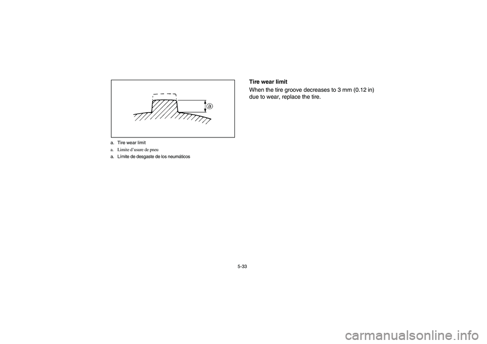 YAMAHA RHINO 700 2008 Owners Manual 5-33 a. Tire wear limit
a. Limite d’usure de pneu
a. Límite de desgaste de los neumáticos
EVU00520
Tire wear limit
When the tire groove decreases to 3 mm (0.12 in)
due to wear, replace the tire.
E YAMAHA RHINO 700 2008 Owners Manual 5-33 a. Tire wear limit
a. Limite d’usure de pneu
a. Límite de desgaste de los neumáticos
EVU00520
Tire wear limit
When the tire groove decreases to 3 mm (0.12 in)
due to wear, replace the tire.
E