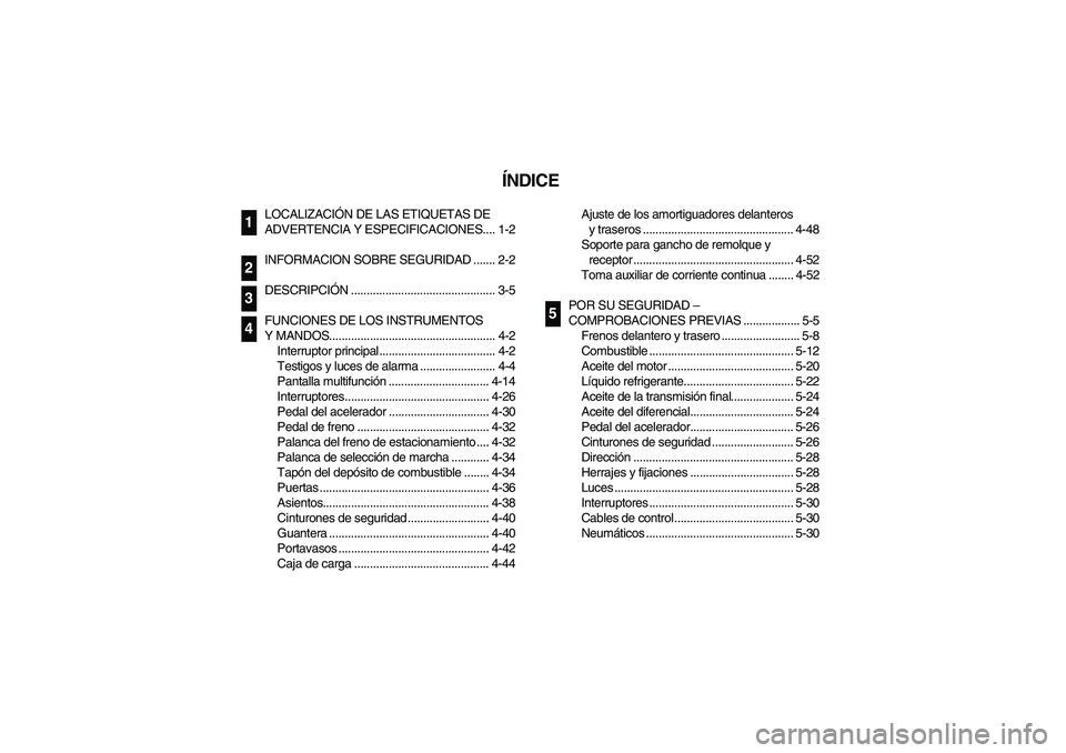 YAMAHA RHINO 700 2008  Owners Manual SVU00050
ÍNDICE
LOCALIZACIÓN DE LAS ETIQUETAS DE 
ADVERTENCIA Y ESPECIFICACIONES.... 1-2
INFORMACION SOBRE SEGURIDAD ....... 2-2
DESCRIPCIÓN .............................................. 3-5
FUNCI