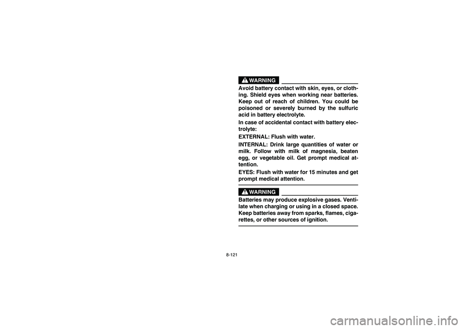 YAMAHA RHINO 700 2008  Owners Manual 8-121
WARNING
Avoid battery contact with skin, eyes, or cloth-
ing. Shield eyes when working near batteries.
Keep out of reach of children. You could be
poisoned or severely burned by the sulfuric
aci