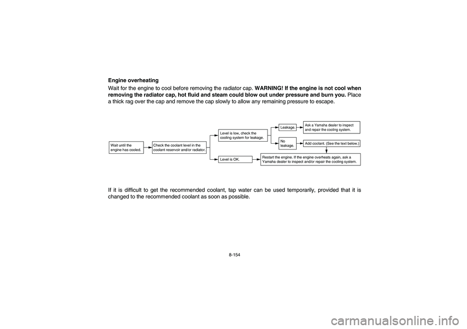 YAMAHA RHINO 700 2008  Owners Manual 8-154
Engine overheating
Wait for the engine to cool before removing the radiator cap. WARNING! If the engine is not cool when
removing the radiator cap, hot fluid and steam could blow out under press