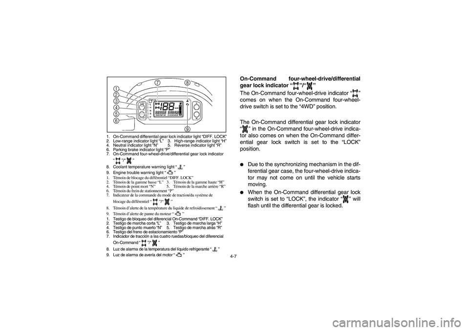 YAMAHA RHINO 700 2008 Manual PDF 4-7
1. On-Command differential gear lock indicator light “DIFF. LOCK”
2. Low-range indicator light “L”3. High-range indicator light “H”
4. Neutral indicator light “N”5. Reverse indicat YAMAHA RHINO 700 2008 Manual PDF 4-7
1. On-Command differential gear lock indicator light “DIFF. LOCK”
2. Low-range indicator light “L”3. High-range indicator light “H”
4. Neutral indicator light “N”5. Reverse indicat