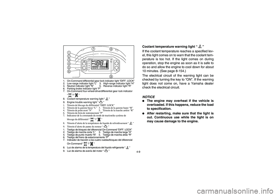 YAMAHA RHINO 700 2008  Owners Manual 4-9
1. On-Command differential gear lock indicator light “DIFF. LOCK”
2. Low-range indicator light “L”3. High-range indicator light “H”
4. Neutral indicator light “N”5. Reverse indicat