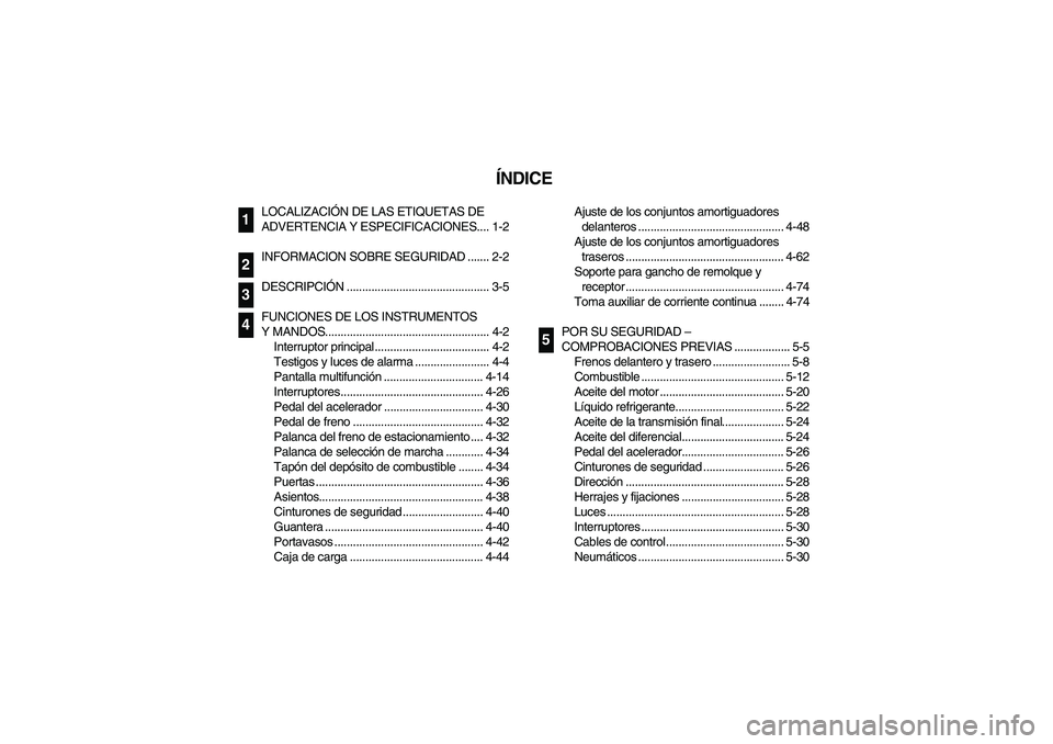 YAMAHA RHINO 700 2008  Manuale de Empleo (in Spanish) SVU00050
ÍNDICE
LOCALIZACIÓN DE LAS ETIQUETAS DE 
ADVERTENCIA Y ESPECIFICACIONES.... 1-2
INFORMACION SOBRE SEGURIDAD ....... 2-2
DESCRIPCIÓN .............................................. 3-5
FUNCI
