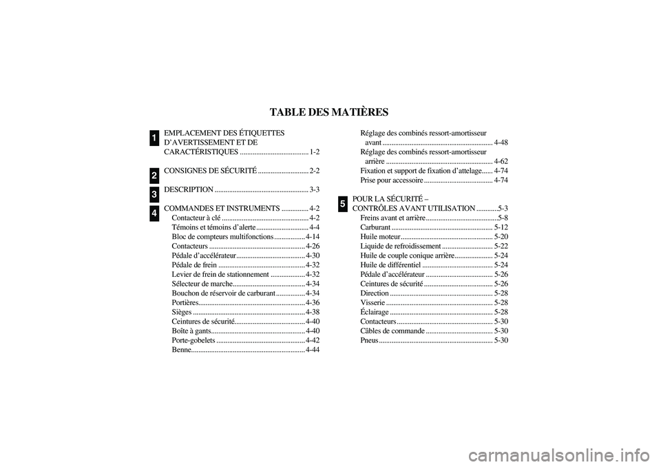 YAMAHA RHINO 700 2008  Notices Demploi (in French) FVU00050
TABLE DES MATIÈRES
EMPLACEMENT DES ÉTIQUETTES 
D’AVERTISSEMENT ET DE 
CARACTÉRISTIQUES ...................................... 1-2
CONSIGNES DE SÉCURITÉ............................ 2-2
