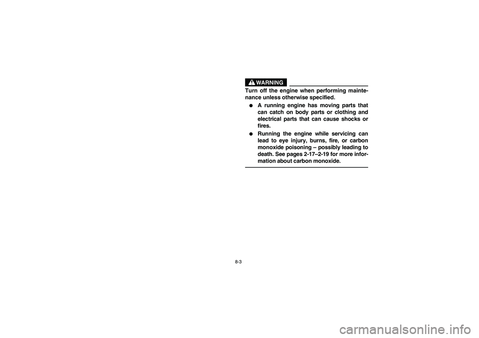 YAMAHA RHINO 700 2008  Notices Demploi (in French) 8-3
WARNING
Turn off the engine when performing mainte-
nance unless otherwise specified.
A running engine has moving parts that
can catch on body parts or clothing and
electrical parts that can caus