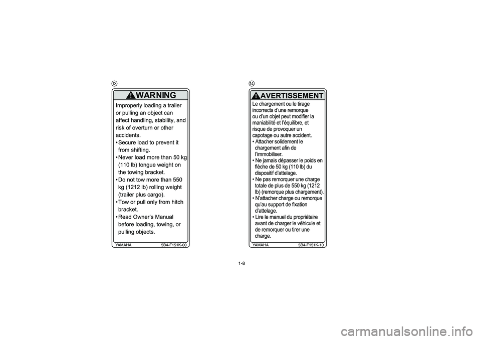 YAMAHA RHINO 700 2008  Notices Demploi (in French) 1-8
CDEE.book  Page 8  Wednesday, November 7, 2007  2:40 PM 