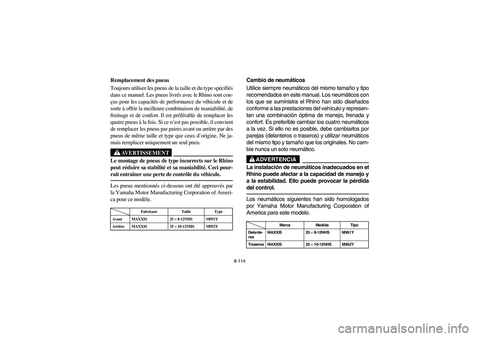YAMAHA RHINO 700 2008  Notices Demploi (in French) 8-114
Remplacement des pneus
Toujours utiliser les pneus de la taille et du type spécifiés
dans ce manuel. Les pneus livrés avec le Rhino sont con-
çus pour les capacités de performance du véhic