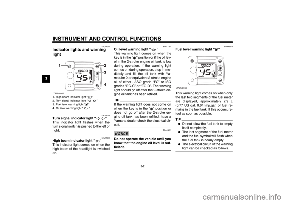 YAMAHA SLIDER 50 2013  Owners Manual INSTRUMENT AND CONTROL FUNCTIONS
3-2
3
EAU11006
Indicator lights and warning 
light 
EAU11020
Turn signal indicator light “ ” 
This indicator light flashes when the
turn signal switch is pushed to