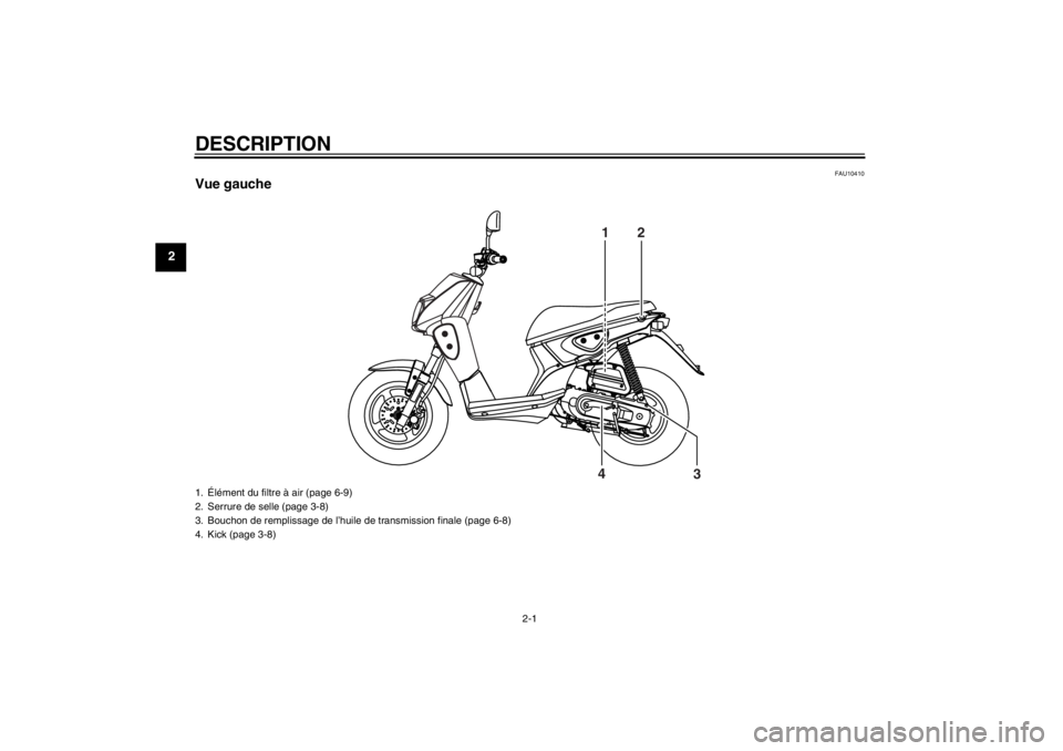 YAMAHA SLIDER 50 2013 Notices Demploi (in French) DESCRIPTION
2-1
2
FAU10410
Vue gauche
12
3 4
1. Élément du filtre à air (page 6-9)
2. Serrure de selle (page 3-8)
3. Bouchon de remplissage de l’huile de transmission finale (page 6-8)
4. Kick (p YAMAHA SLIDER 50 2013 Notices Demploi (in French) DESCRIPTION
2-1
2
FAU10410
Vue gauche
12
3 4
1. Élément du filtre à air (page 6-9)
2. Serrure de selle (page 3-8)
3. Bouchon de remplissage de l’huile de transmission finale (page 6-8)
4. Kick (p