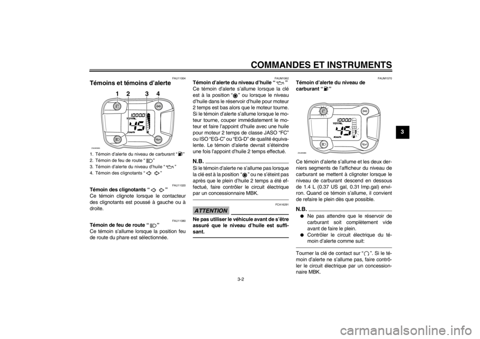 YAMAHA SLIDER 50 2011  Notices Demploi (in French) COMMANDES ET INSTRUMENTS
3-2
3
FAU11004
Témoins et témoins d’alerte 
FAU11020
Témoin des clignotants“” 
Ce témoin clignote lorsque le contacteur
des clignotants est poussé à gauche ou à
d