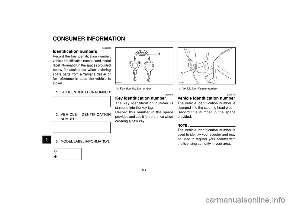 YAMAHA SLIDER 50 2005 Manual PDF CONSUMER INFORMATION
9
EAU02944
Identification numbersRecord the key identification number,
vehicle identification number and model
label information in the spaces provided
below for assistance when o YAMAHA SLIDER 50 2005 Manual PDF CONSUMER INFORMATION
9
EAU02944
Identification numbersRecord the key identification number,
vehicle identification number and model
label information in the spaces provided
below for assistance when o