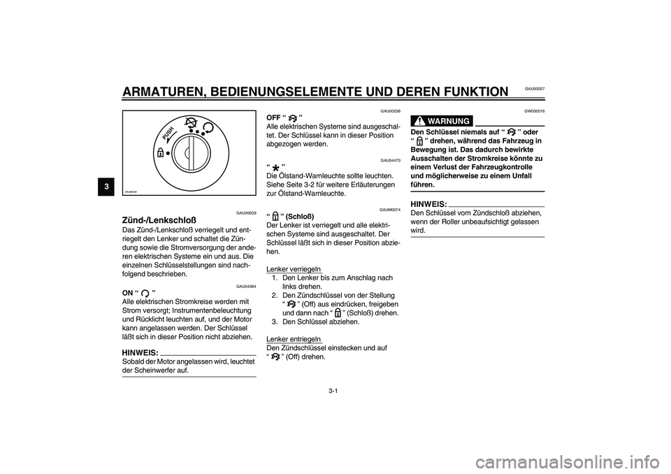 YAMAHA SLIDER 50 2006  Betriebsanleitungen (in German) 3-1
3
GAU00027
3-ARMATUREN, BEDIENUNGSELEMENTE UND DEREN FUNKTION
GAU00029
Zünd-/Lenkschloß Das Zünd-/Lenkschloß verriegelt und ent-
riegelt den Lenker und schaltet die Zün-
dung sowie die Stromv