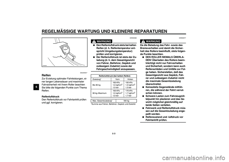 YAMAHA SLIDER 50 2006  Betriebsanleitungen (in German) REGELMÄSSIGE WARTUNG UND KLEINERE REPARATUREN
6-9
6
GAU04551*
Reifen Zur Erzielung optimaler Fahrleistungen, ei-
ner langen Lebensdauer und maximaler 
Fahrsicherheit mit Ihrem Roller beachten 
Sie bi