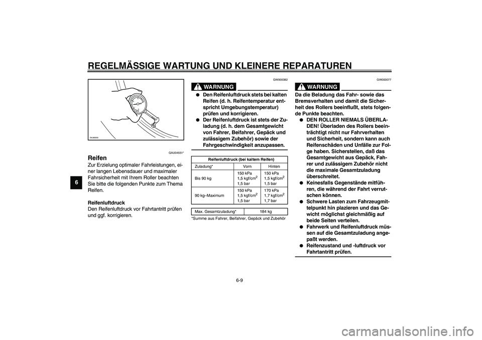 YAMAHA SLIDER 50 2007  Betriebsanleitungen (in German) REGELMÄSSIGE WARTUNG UND KLEINERE REPARATUREN
6-9
6
GAU04551*
Reifen Zur Erzielung optimaler Fahrleistungen, ei-
ner langen Lebensdauer und maximaler 
Fahrsicherheit mit Ihrem Roller beachten 
Sie bi