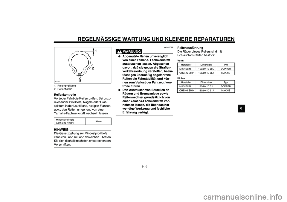 YAMAHA SLIDER 50 2006  Betriebsanleitungen (in German) REGELMÄSSIGE WARTUNG UND KLEINERE REPARATUREN
6-10
6
Reifenkontrolle
Vor jeder Fahrt die Reifen prüfen. Bei unzu-
reichender Profiltiefe, Nägeln oder Glas-
splittern in der Lauffläche, rissigen Fl