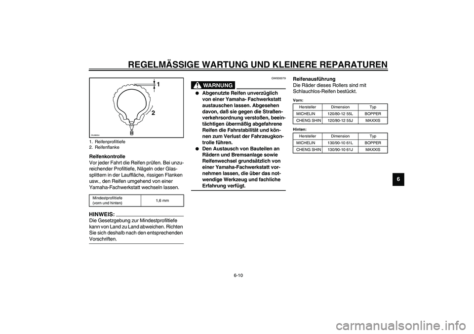 YAMAHA SLIDER 50 2007  Betriebsanleitungen (in German) REGELMÄSSIGE WARTUNG UND KLEINERE REPARATUREN
6-10
6
Reifenkontrolle
Vor jeder Fahrt die Reifen prüfen. Bei unzu-
reichender Profiltiefe, Nägeln oder Glas-
splittern in der Lauffläche, rissigen Fl