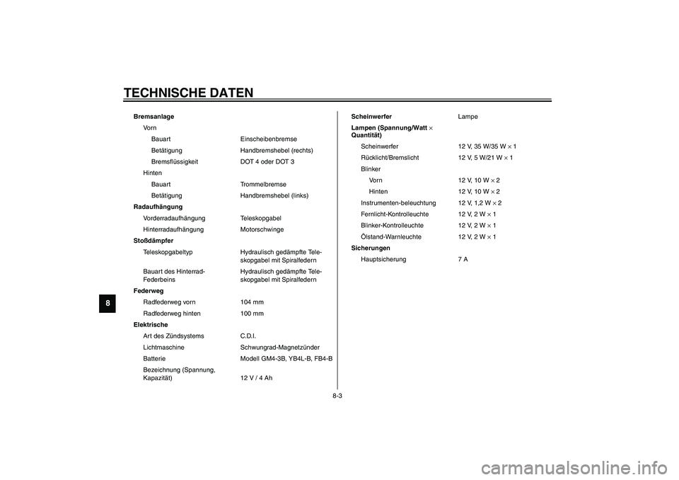 YAMAHA SLIDER 50 2006  Betriebsanleitungen (in German) TECHNISCHE DATEN
8-3
8
Bremsanlage
Vo r n
Bauart Einscheibenbremse
Betätigung Handbremshebel (rechts)
Bremsflüssigkeit DOT 4 oder DOT 3
Hinten
Bauart Trommelbremse
Betätigung Handbremshebel (links)