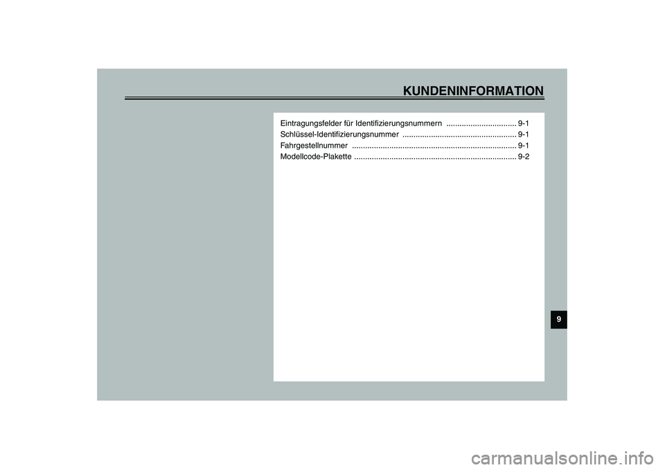 YAMAHA SLIDER 50 2007  Betriebsanleitungen (in German) KUNDENINFORMATION
9
Eintragungsfelder für Identifizierungsnummern  ................................ 9-1
Schlüssel-Identifizierungsnummer .................................................... 9-1
Fahr