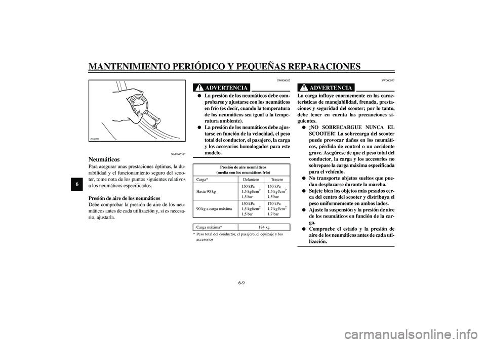 YAMAHA SLIDER 50 2005  Manuale de Empleo (in Spanish) MANTENIMIENTO PERIÓDICO Y PEQUEÑAS REPARACIONES
6-9
6
SAU04551*
Neumáticos Para asegurar unas prestaciones óptimas, la du-
rabilidad y el funcionamiento seguro del scoo-
ter, tome nota de los punt