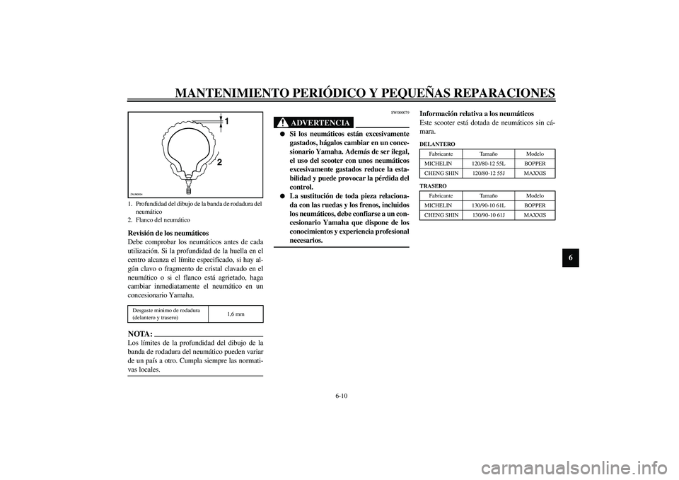 YAMAHA SLIDER 50 2005  Manuale de Empleo (in Spanish) MANTENIMIENTO PERIÓDICO Y PEQUEÑAS REPARACIONES
6-10
6
Revisión de los neumáticos
Debe comprobar los neumáticos antes de cada
utilización. Si la profundidad de la huella en el
centro alcanza el 