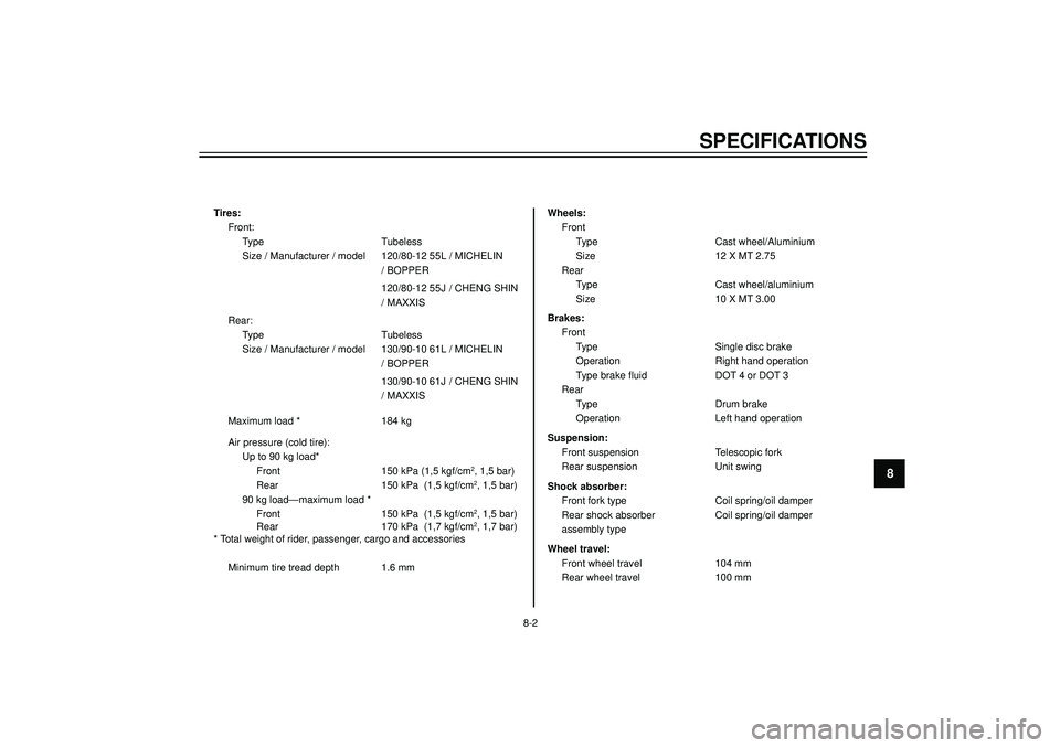 YAMAHA SLIDER 50 2004  Owners Manual SPECIFICATIONS
8
8-2 Tires:
Front:
Type Tubeless
Size / Manufacturer / model 120/80-12 55L / MICHELIN
/ BOPPER
120/80-12 55J / CHENG SHIN
/ MAXXIS
Rear:
Type Tubeless
Size / Manufacturer / model 130/9