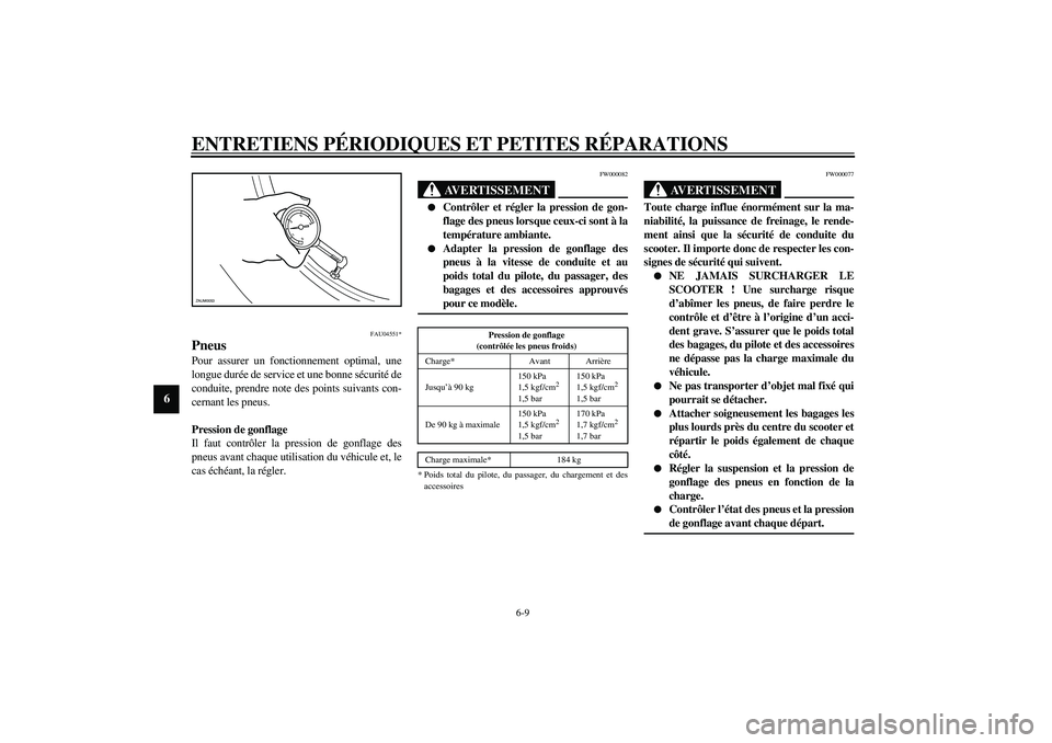 YAMAHA SLIDER 50 2003 Notices Demploi (in French) ENTRETIENS PÉRIODIQUES ET PETITES RÉPARATIONS
6-9
6
FAU04551*
Pneus Pour assurer un fonctionnement optimal, une
longue durée de service et une bonne sécurité de
conduite, prendre note des points YAMAHA SLIDER 50 2003 Notices Demploi (in French) ENTRETIENS PÉRIODIQUES ET PETITES RÉPARATIONS
6-9
6
FAU04551*
Pneus Pour assurer un fonctionnement optimal, une
longue durée de service et une bonne sécurité de
conduite, prendre note des points