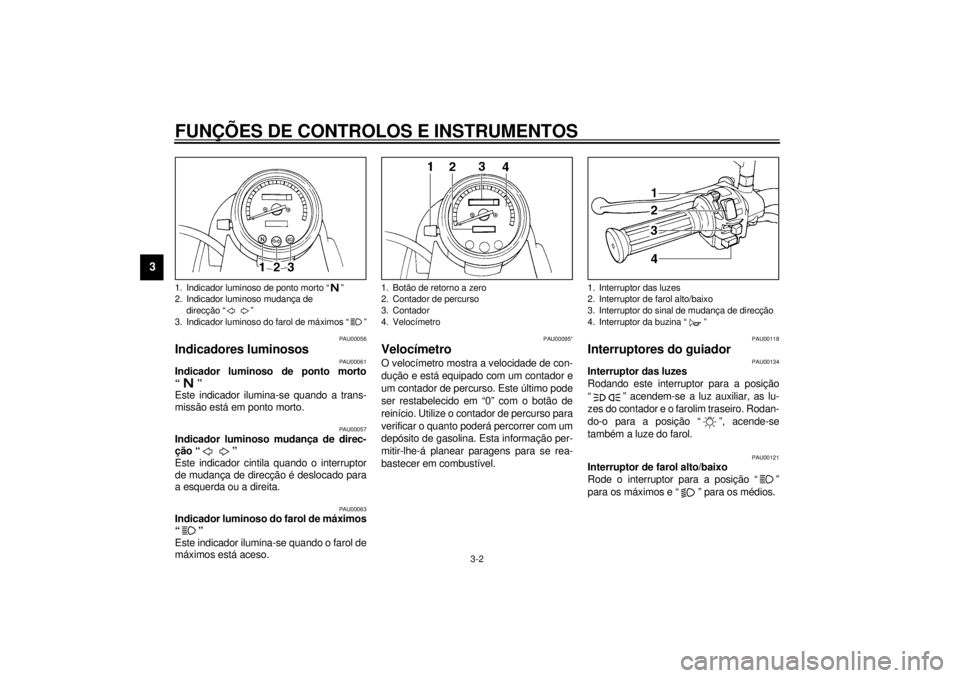 YAMAHA SR125 2000 Manual de utilização (in Portuguese) FUNÇÕES DE CONTROLOS E INSTRUMENTOS
3-2
3
PAU00056
Indicadores luminosos
PAU00061
Indicador luminoso de ponto morto
“”
Este indicador ilumina-se quando a trans-
missão está em ponto morto.
PAU YAMAHA SR125 2000 Manual de utilização (in Portuguese) FUNÇÕES DE CONTROLOS E INSTRUMENTOS
3-2
3
PAU00056
Indicadores luminosos
PAU00061
Indicador luminoso de ponto morto
“”
Este indicador ilumina-se quando a trans-
missão está em ponto morto.
PAU