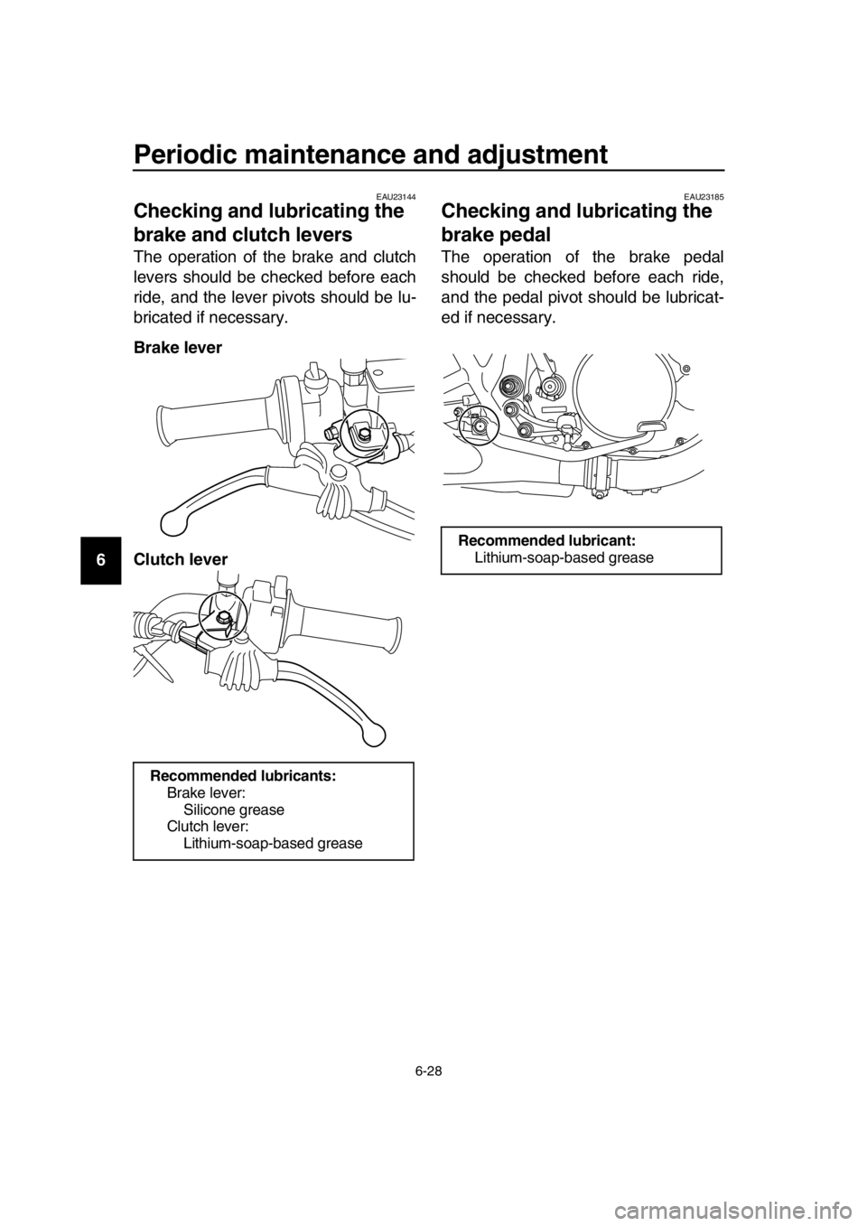YAMAHA SR400 2016 Repair Manual Periodic maintenance and adjustment
6-28
1
2
3
4
5
6
7
8
9
10
11
12
13
14
EAU23144
Checking and lubricating the 
brake and clutch levers
The operation of the brake and clutch
levers should be checked 