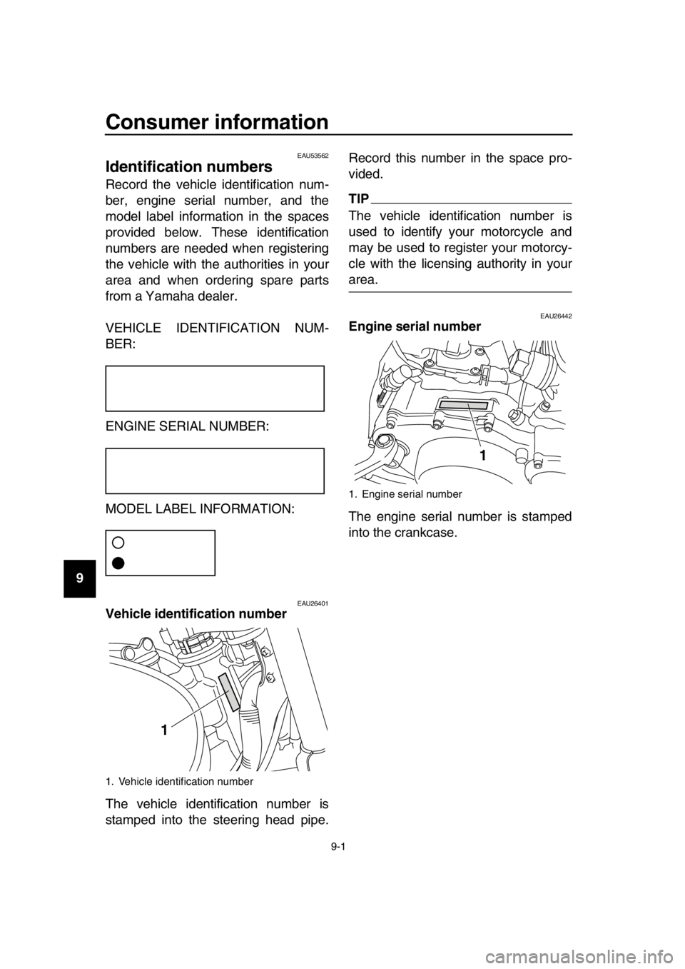 YAMAHA SR400 2016 Manual Online 9-1
1
2
3
4
5
6
7
8
9
10
11
12
13
14
Consumer information
EAU53562
Identification numbers
Record the vehicle identification num-
ber, engine serial number, and the
model label information in the space