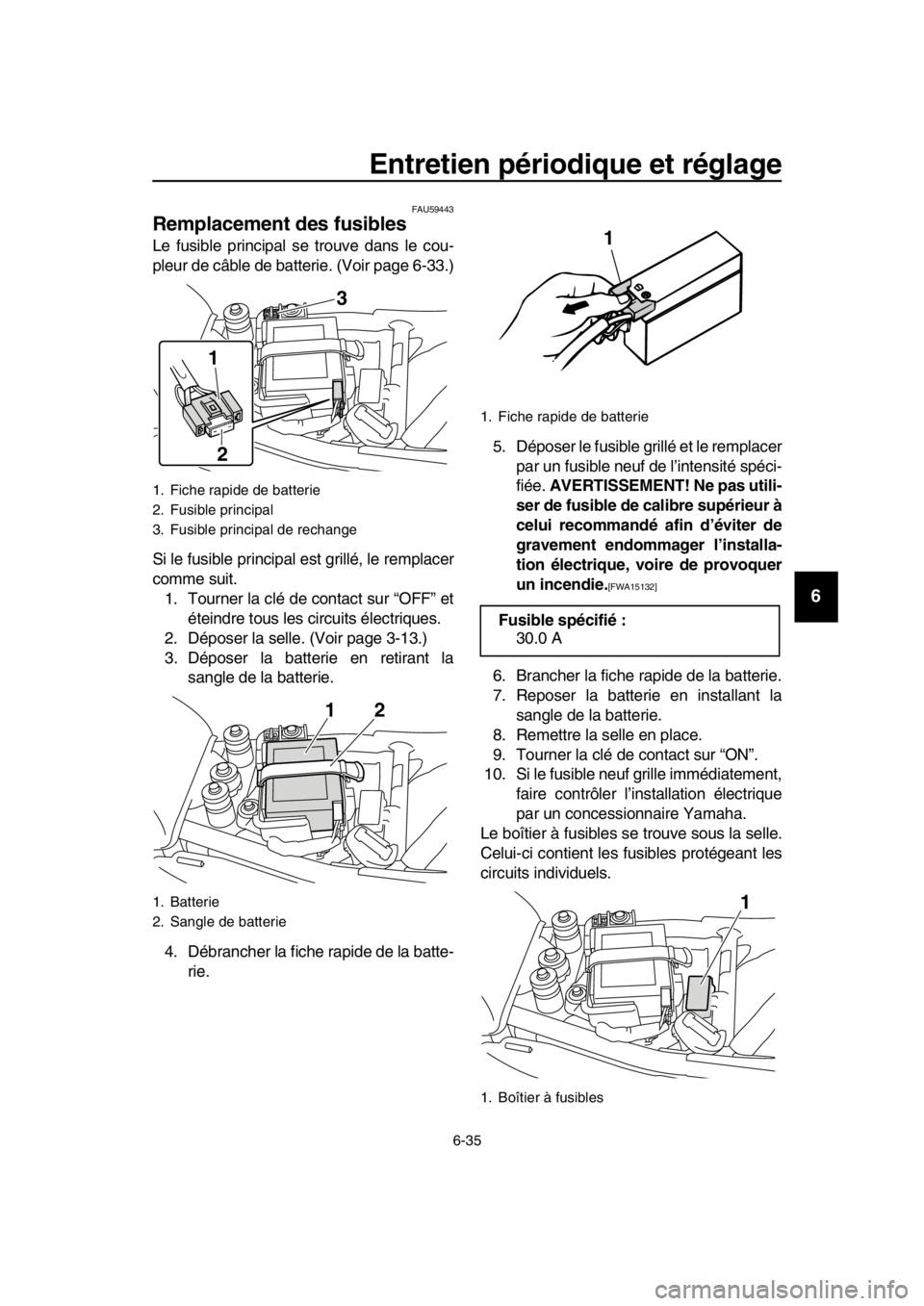 YAMAHA SR400 2016 Notices Demploi (in French) Entretien périodique et réglage
6-35
1
2
3
4
5
6
7
8
9
10
11
12
13
14
FAU59443
Remplacement des fusibles
Le fusible principal se trouve dans le cou-
pleur de câble de batterie. (Voir page 6-33.)
Si YAMAHA SR400 2016 Notices Demploi (in French) Entretien périodique et réglage
6-35
1
2
3
4
5
6
7
8
9
10
11
12
13
14
FAU59443
Remplacement des fusibles
Le fusible principal se trouve dans le cou-
pleur de câble de batterie. (Voir page 6-33.)
Si