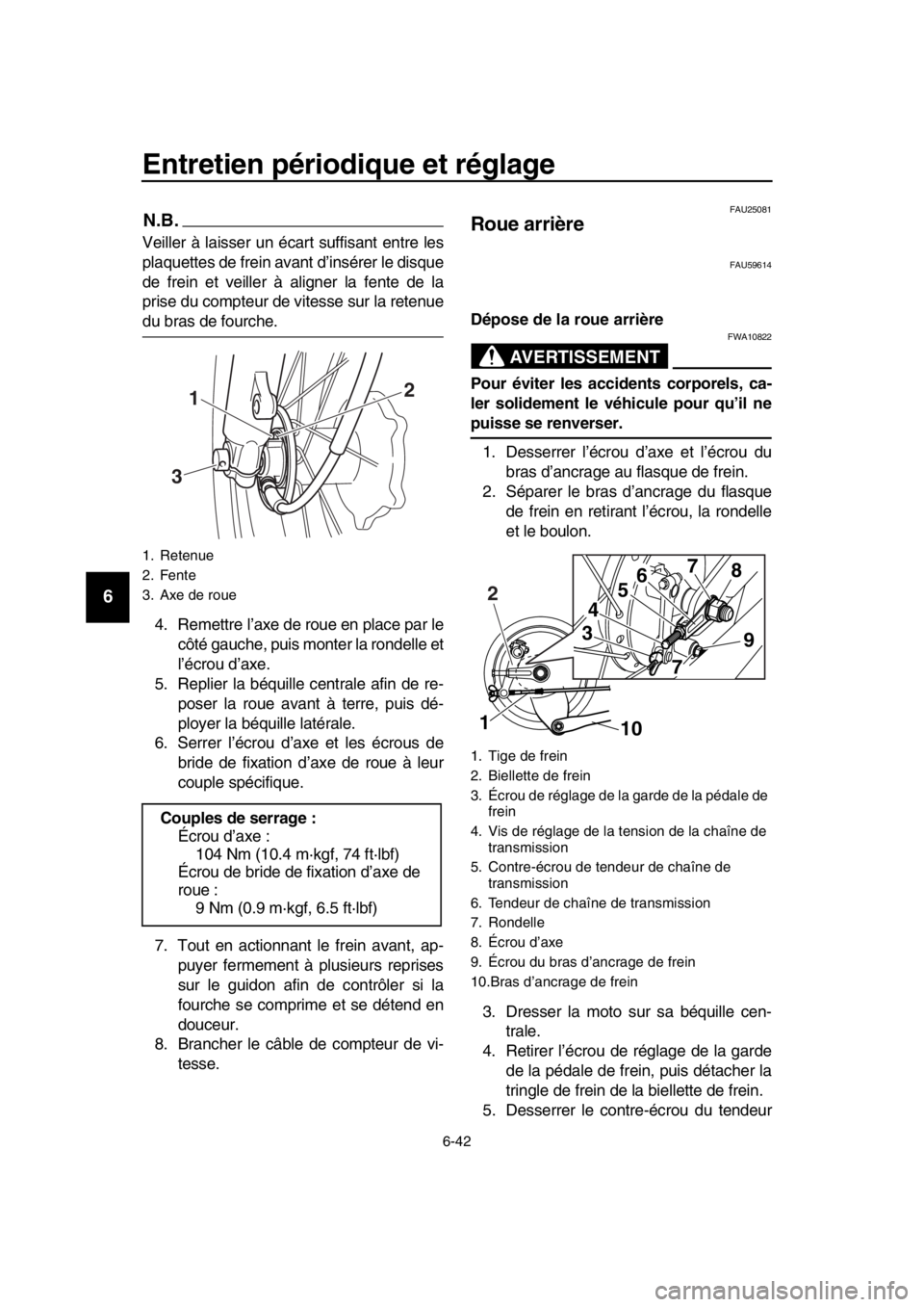 YAMAHA SR400 2016 Notices Demploi (in French) Entretien périodique et réglage
6-42
1
2
3
4
5
6
7
8
9
10
11
12
13
14
N.B.
Veiller à laisser un écart suffisant entre les
plaquettes de frein avant d’insérer le disque
de frein et veiller à al YAMAHA SR400 2016 Notices Demploi (in French) Entretien périodique et réglage
6-42
1
2
3
4
5
6
7
8
9
10
11
12
13
14
N.B.
Veiller à laisser un écart suffisant entre les
plaquettes de frein avant d’insérer le disque
de frein et veiller à al
