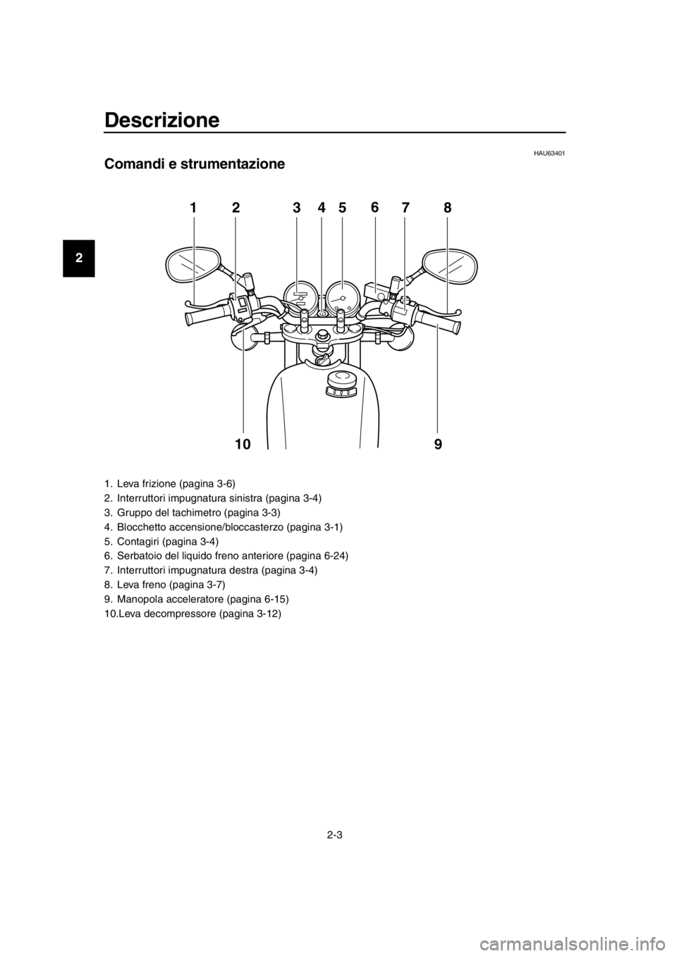 YAMAHA SR400 2016 Manuale duso (in Italian) Descrizione
2-3
1
2
3
4
5
6
7
8
9
10
11
12
13
14
HAU63401
Comandi e strumentazione
1. Leva frizione (pagina 3-6)
2. Interruttori impugnatura sinistra (pagina 3-4)
3. Gruppo del tachimetro (pagina 3-3) YAMAHA SR400 2016 Manuale duso (in Italian) Descrizione
2-3
1
2
3
4
5
6
7
8
9
10
11
12
13
14
HAU63401
Comandi e strumentazione
1. Leva frizione (pagina 3-6)
2. Interruttori impugnatura sinistra (pagina 3-4)
3. Gruppo del tachimetro (pagina 3-3)
