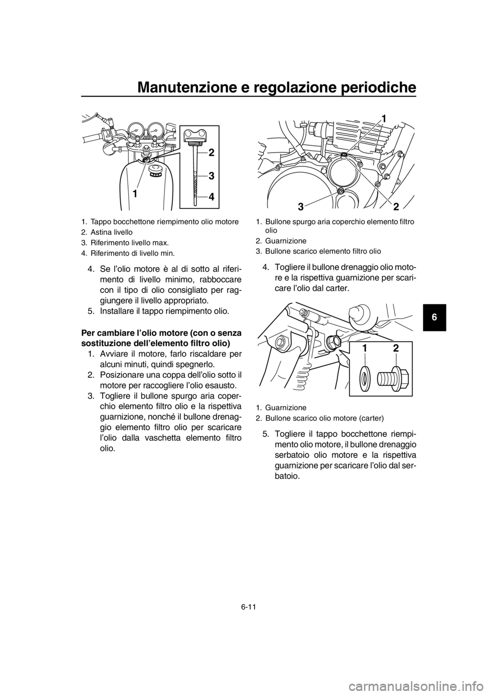 YAMAHA SR400 2016 Manuale duso (in Italian) Manutenzione e regolazione periodiche
6-11
1
2
3
4
5
6
7
8
9
10
11
12
13
14
4. Se l’olio motore è al di sotto al riferi- mento di livello minimo, rabboccare
con il tipo di olio consigliato per rag- YAMAHA SR400 2016 Manuale duso (in Italian) Manutenzione e regolazione periodiche
6-11
1
2
3
4
5
6
7
8
9
10
11
12
13
14
4. Se l’olio motore è al di sotto al riferi- mento di livello minimo, rabboccare
con il tipo di olio consigliato per rag-
