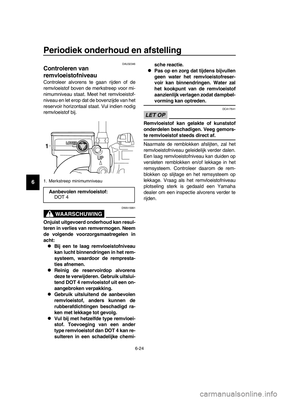 YAMAHA SR400 2016  Instructieboekje (in Dutch) Periodiek onderhoud en afstelling
6-24
1
2
3
4
5
6
7
8
9
10
11
12
13
14
DAU32346
Controleren van 
remvloeistofniveau
Controleer alvorens te gaan rijden of de
remvloeistof boven de merkstreep voor mi-
