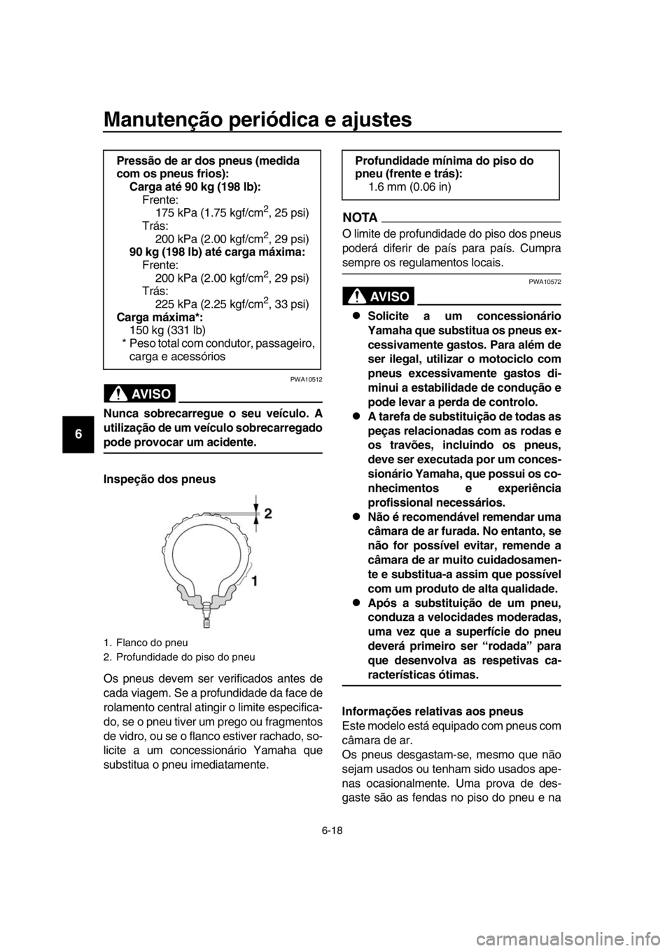 YAMAHA SR400 2016 Manual de utilização (in Portuguese) Manutenção periódica e ajustes
6-18
1
2
3
4
5
6
7
8
9
10
11
12
13
14
AVISO
PWA10512
Nunca sobrecarregue o seu veículo. A
utilização de um veí culo sobrecarregado
pode provocar um acidente.
Insp YAMAHA SR400 2016 Manual de utilização (in Portuguese) Manutenção periódica e ajustes
6-18
1
2
3
4
5
6
7
8
9
10
11
12
13
14
AVISO
PWA10512
Nunca sobrecarregue o seu veículo. A
utilização de um veí culo sobrecarregado
pode provocar um acidente.
Insp
