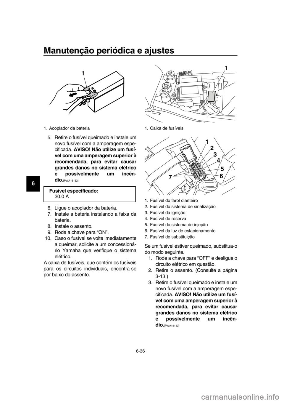 YAMAHA SR400 2016 Manual de utilização (in Portuguese) Manutenção periódica e ajustes
6-36
1
2
3
4
5
6
7
8
9
10
11
12
13
14
5. Retire o fusível queimado e instale um novo fusível com a amperagem espe-
cificada. AVISO! Não utilize um fusí-
vel com YAMAHA SR400 2016 Manual de utilização (in Portuguese) Manutenção periódica e ajustes
6-36
1
2
3
4
5
6
7
8
9
10
11
12
13
14
5. Retire o fusível queimado e instale um novo fusível com a amperagem espe-
cificada. AVISO! Não utilize um fusí-
vel com