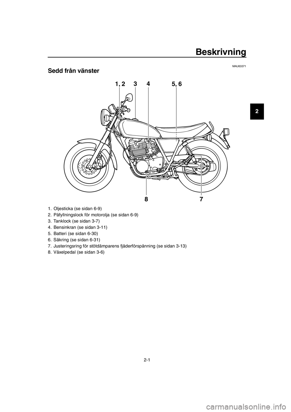 YAMAHA SR400 2016  Bruksanvisningar (in Swedish) 2-1
1
2
3
4
5
6
7
8
9
10
11
12
13
14
Beskrivning
MAU63371
Sedd från vänster
1. Oljesticka (se sidan 6-9)
2. Påfyllningslock för  motorolja (se sidan 6-9)
3. Tanklock (se sidan 3-7)
4. Bensinkran (
