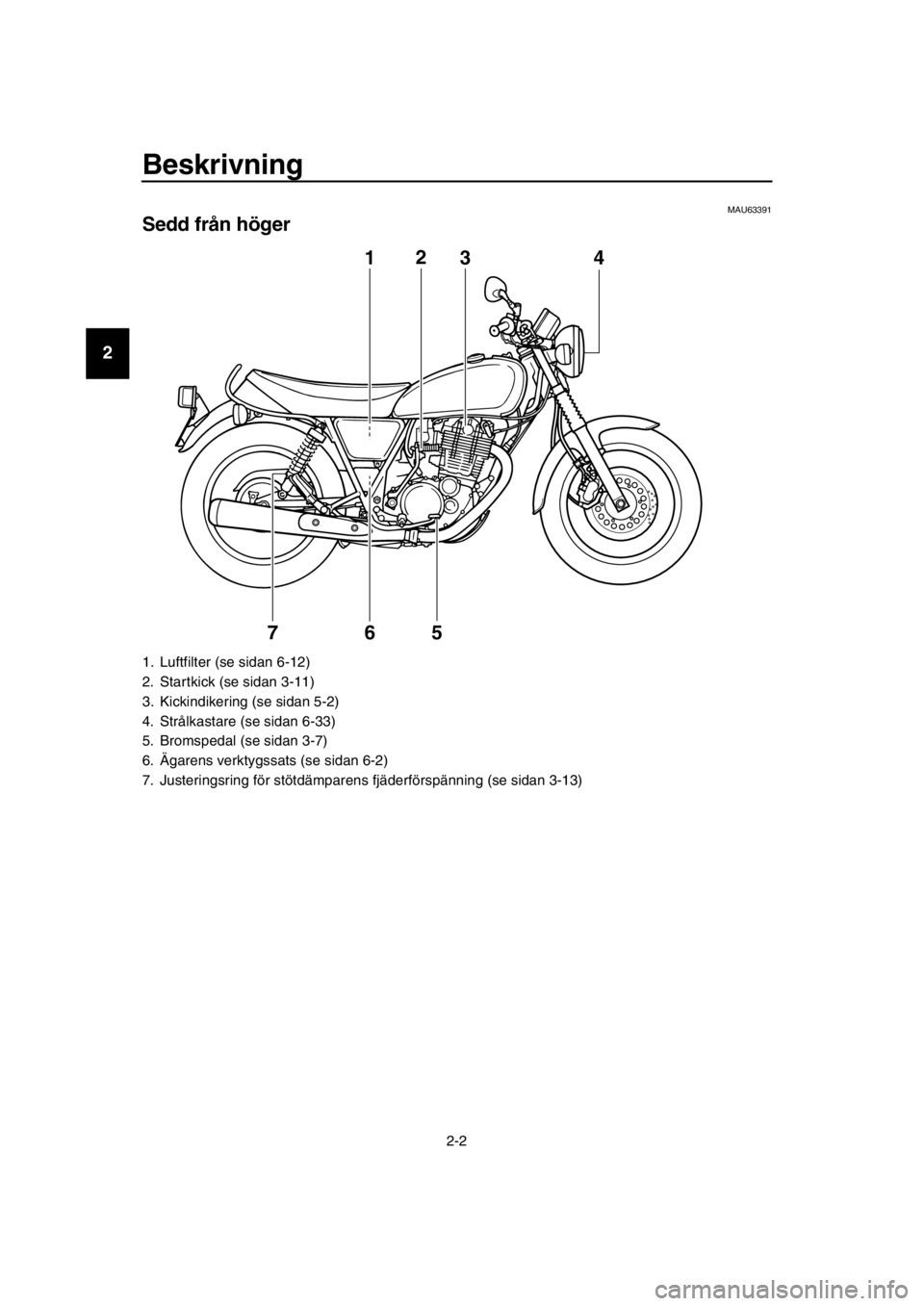 YAMAHA SR400 2016  Bruksanvisningar (in Swedish) Beskrivning
2-2
1
2
3
4
5
6
7
8
9
10
11
12
13
14
MAU63391
Sedd från höger
1. Luftfilter (se sidan 6-12)
2. Startkick (se sidan 3-11)
3. Kickindikering (se sidan 5-2)
4. Strålkastare (se sidan 6-33)